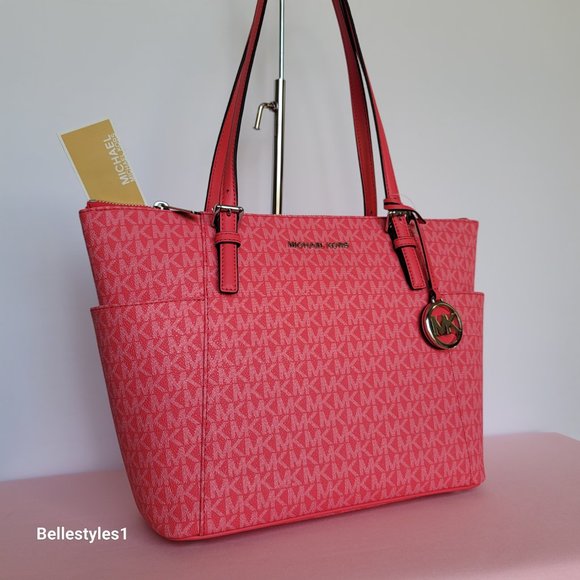MICHAEL KORS Jet Set East West Top-Zip Signature Logo Tote Bag- Geranium color⭐ - Picture 3 of 16